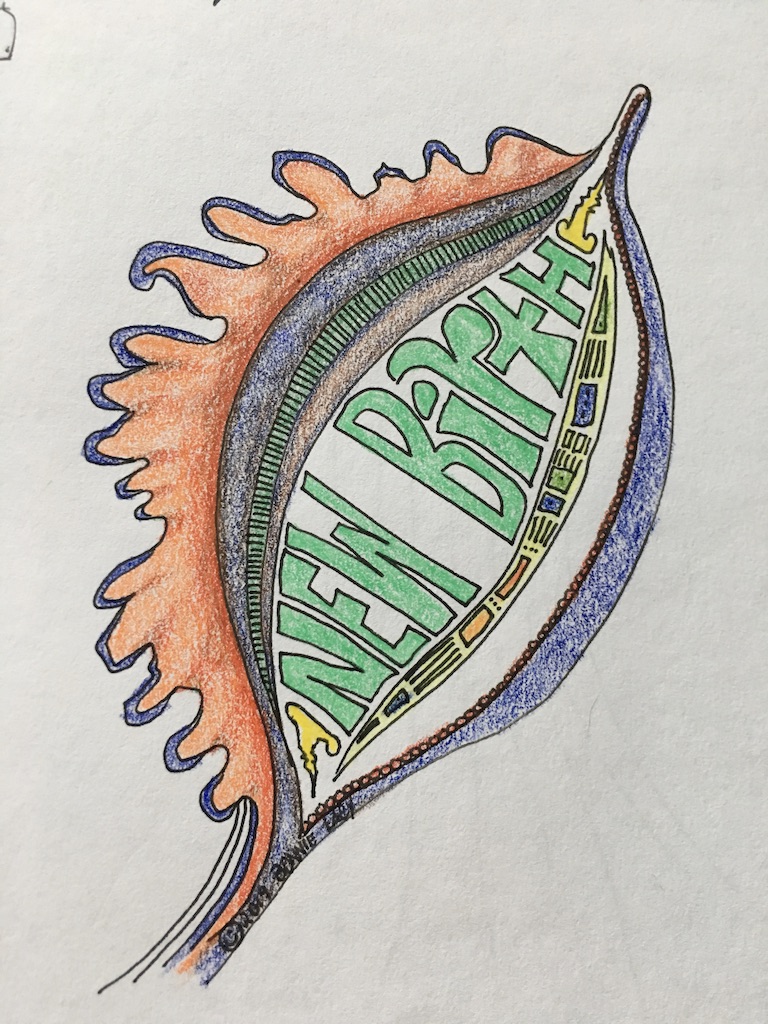 Leaf with New Birth words all colored in for fun!